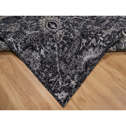 6'X8'10" Obsidian Black Wool And Silk Hand Knotted Sickle Leaf Design Rug