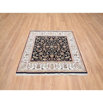 5'X5' Midnight Blue Hand Knotted Nain 250 Kpsi Pure Wool Square Rug