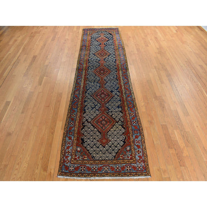 3'5"X12'6" Blue Antique Zoroastrian Malayer Wool Hand Knotted Runner Rug