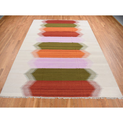 Rug 9'x12'7" Ivory Flat Weave Durie Kilim Hand Woven 100% Wool Reversible