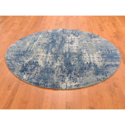 6'2"X6'2" Round Abstract Design Wool And Pure Silk Blue Hand Knotted Rug