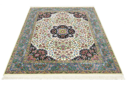 Handmade Kirman Oriental Rug Cream & Blue Floral