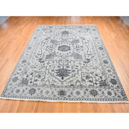 9'X12' Ash Grey Heriz Design Wool And Silk Hand Knotted Oriental Rug