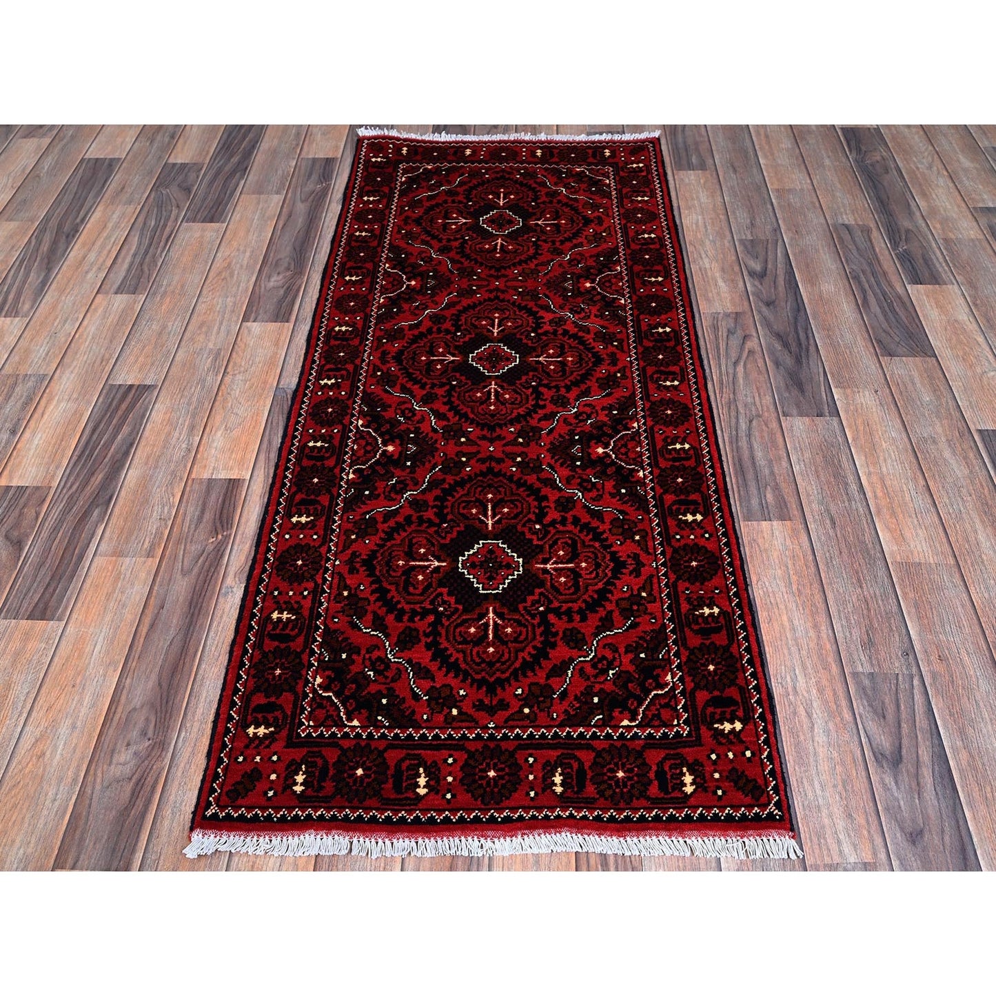 2'3"X5'2" Red Hand Knotted Afghan Khamyab Tribal Design All Wool Runner Rug