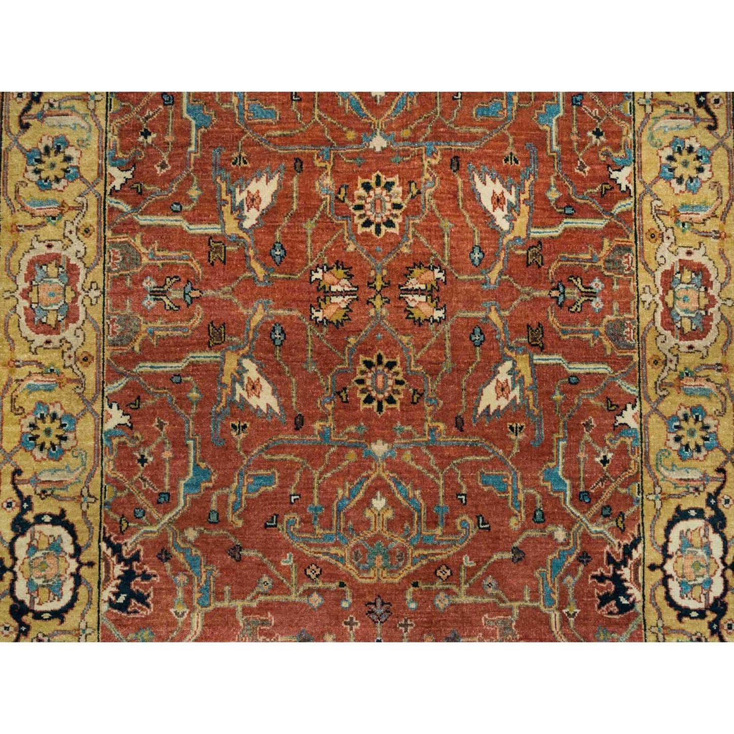 4'X10' Red Heris Re-Creation Hand Knotted Wool Wide Runner Rug