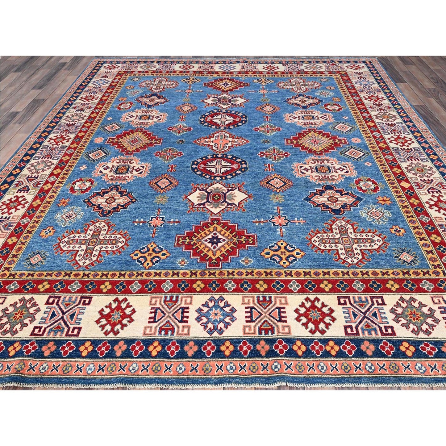 8'2"X10' Blue Hand Knotted Natural Dyes Wool Kazak Design Oriental Rug