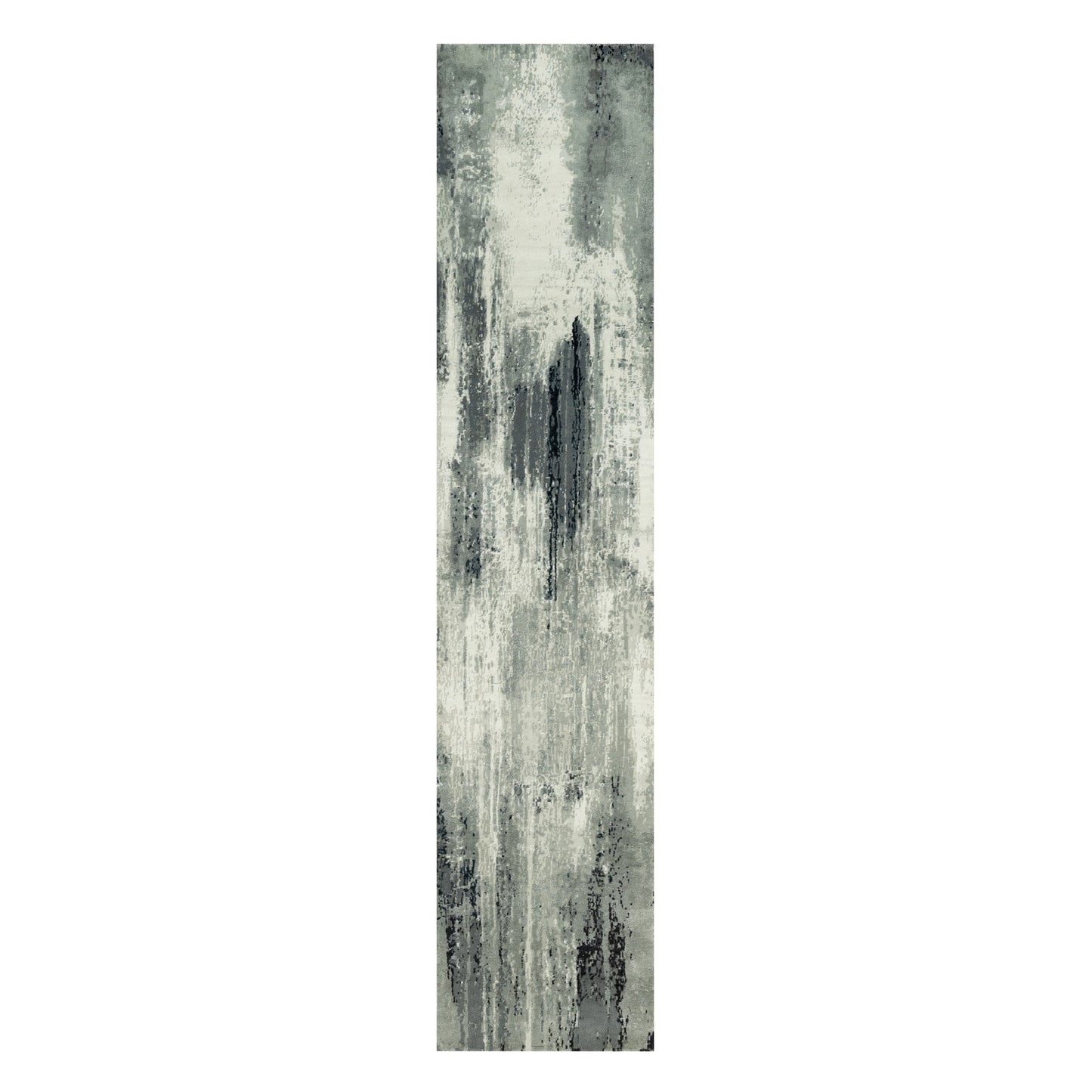 2'6"x12' Black Hand Knotted Abstract Wool and Silk Runner Rug