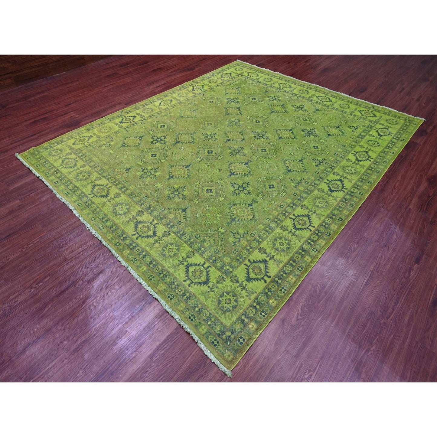 8'X9'8" Pear Green Overdyed Kazak Geometric Design Hand Knotted Wool Rug