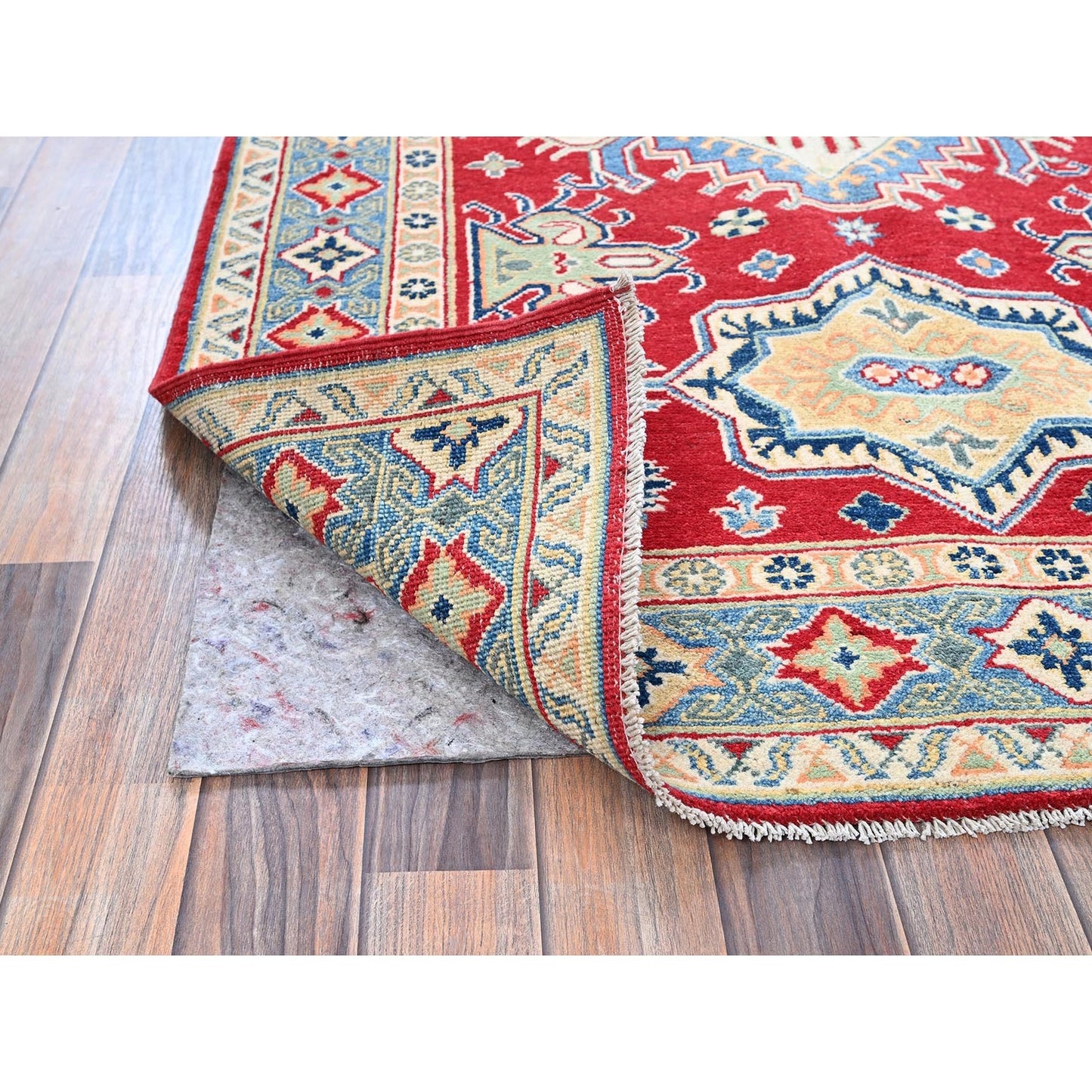 4'1"X6'1" Red Kazak Geometric Medallions Design Hand Knotted Soft Wool Rug