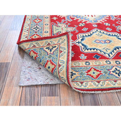 4'1"X6'1" Red Kazak Geometric Medallions Design Hand Knotted Soft Wool Rug