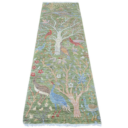 2'7"X8'1" Green Hand Knotted Rug Birds Of Paradise Design Soft Wool Runner