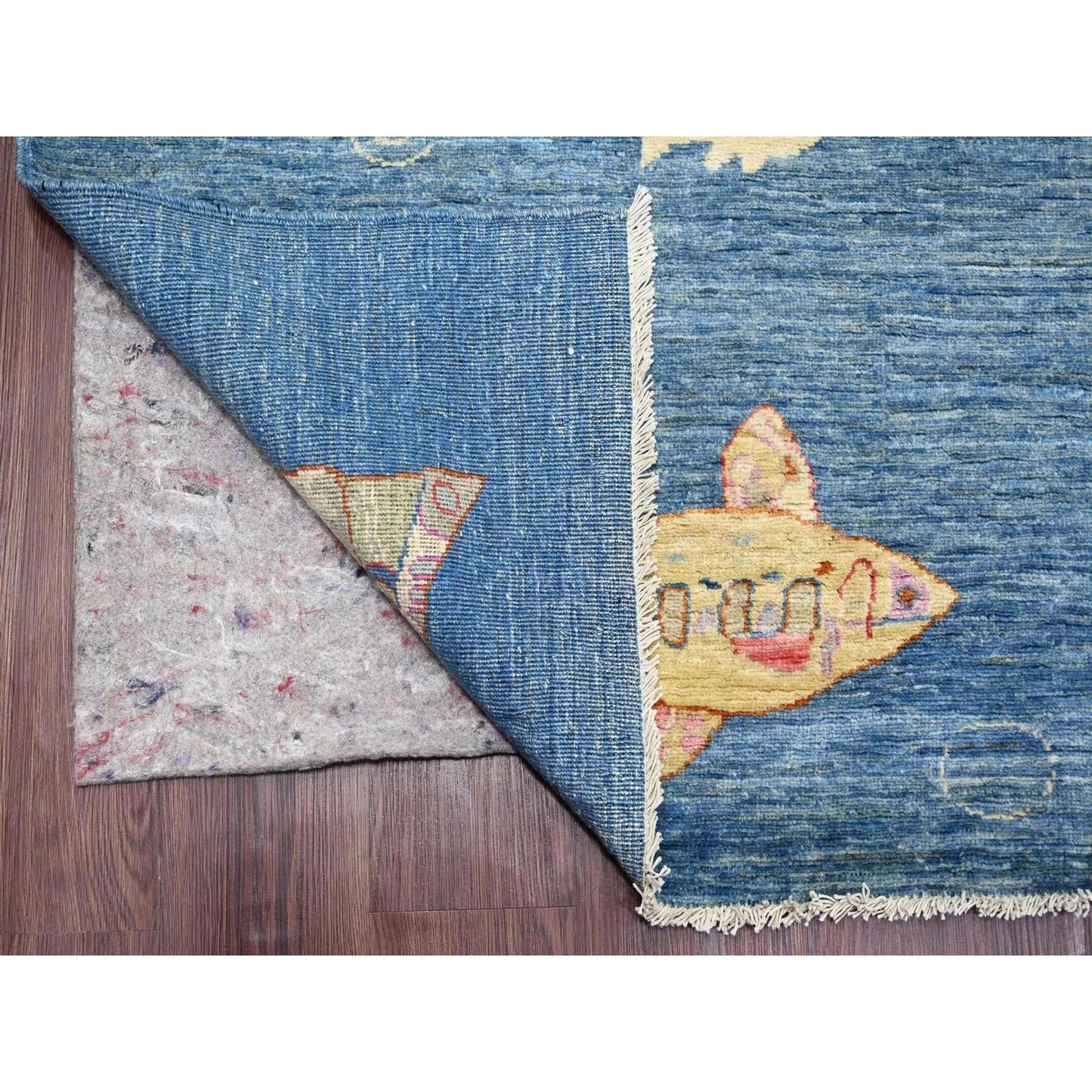 9'x11'9" Blue Afghan Peshawar with Fish Design Soft Wool Hand Knotted Rug