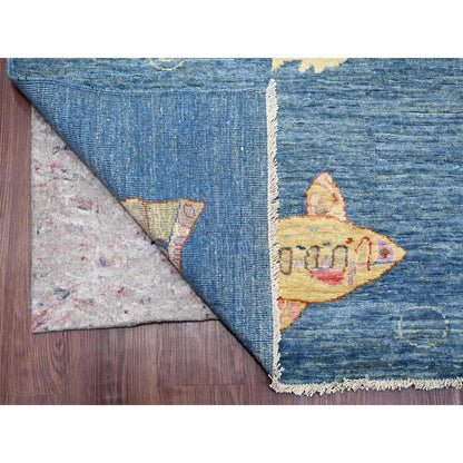 9'x11'9" Blue Afghan Peshawar with Fish Design Soft Wool Hand Knotted Rug