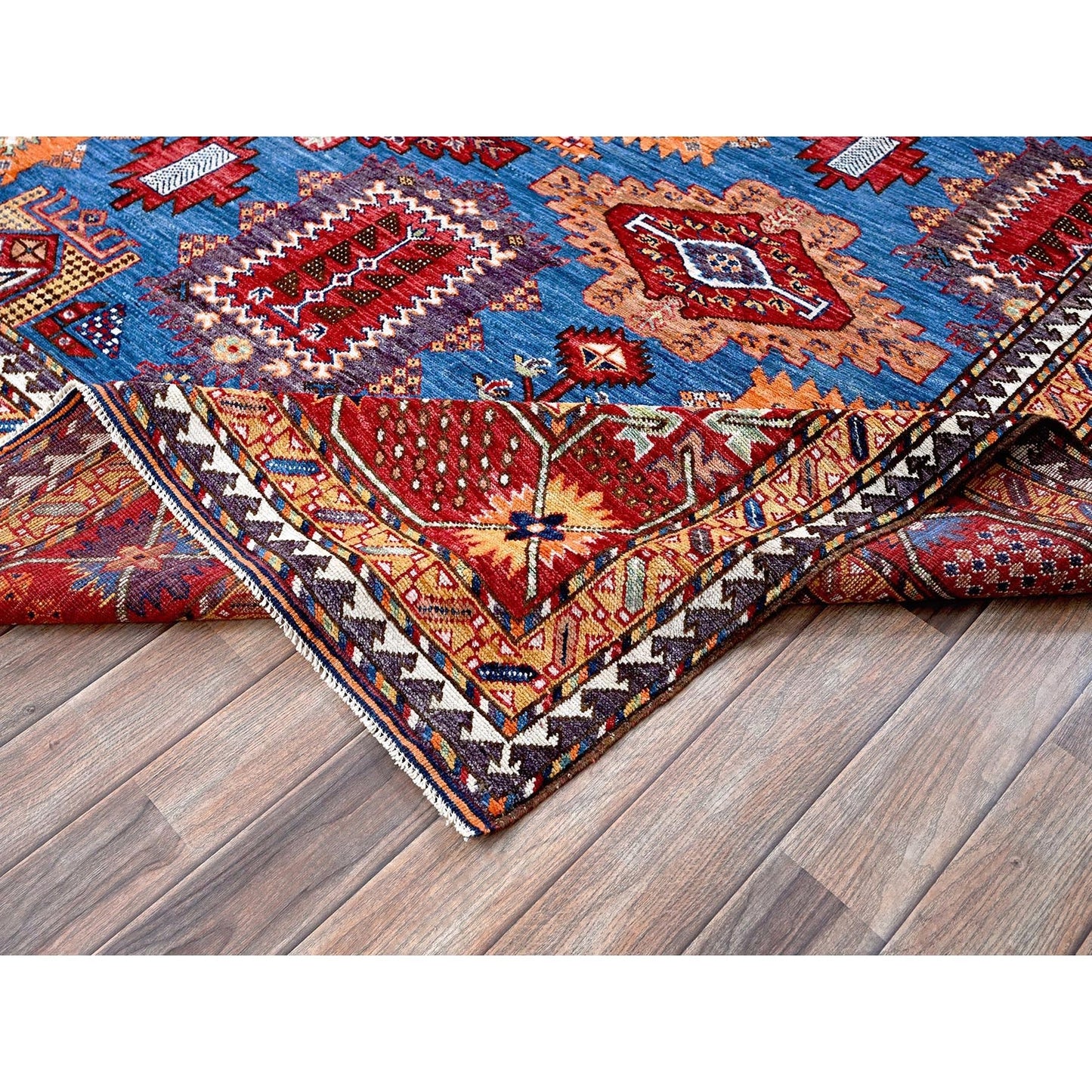 8'2"X9'9" Blue Antique Caucasian Design Revival Hand Knotted Pure Wool Rug