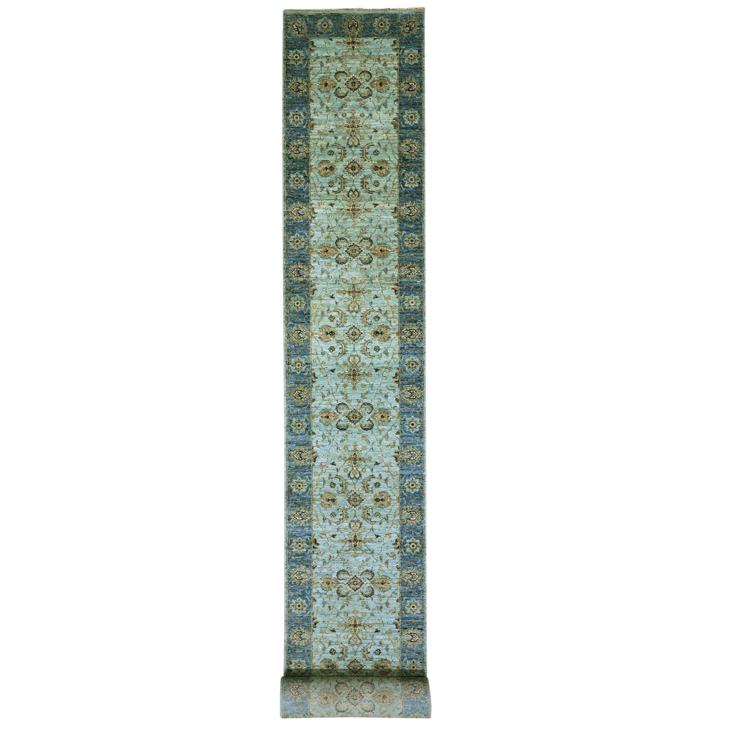 2'8"x29'10" Blue Wool Shah Abbas Floral Design Hand Knotted XL Runner Rug