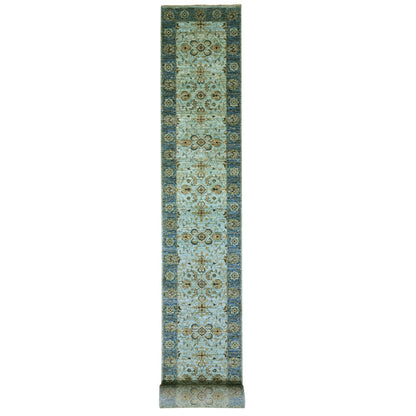 2'8"x29'10" Blue Wool Shah Abbas Floral Design Hand Knotted XL Runner Rug