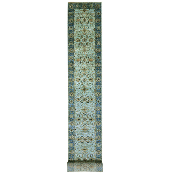 2'8"x29'10" Blue Wool Shah Abbas Floral Design Hand Knotted XL Runner Rug