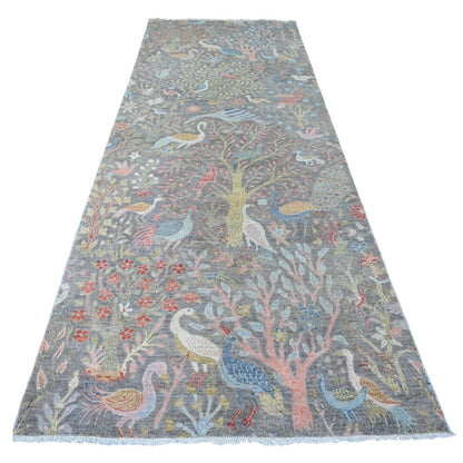 5'1"X12' Gray Hand Knotted Peshawar Birds Design Soft Wool Runner Rug