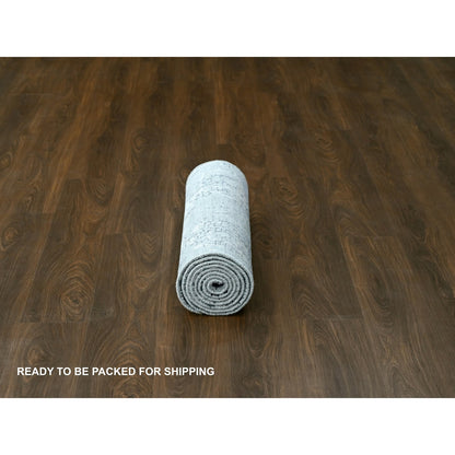 2'7"X9'10" Gray Abstract Design Wool And Silk Hand Knotted Runner Rug