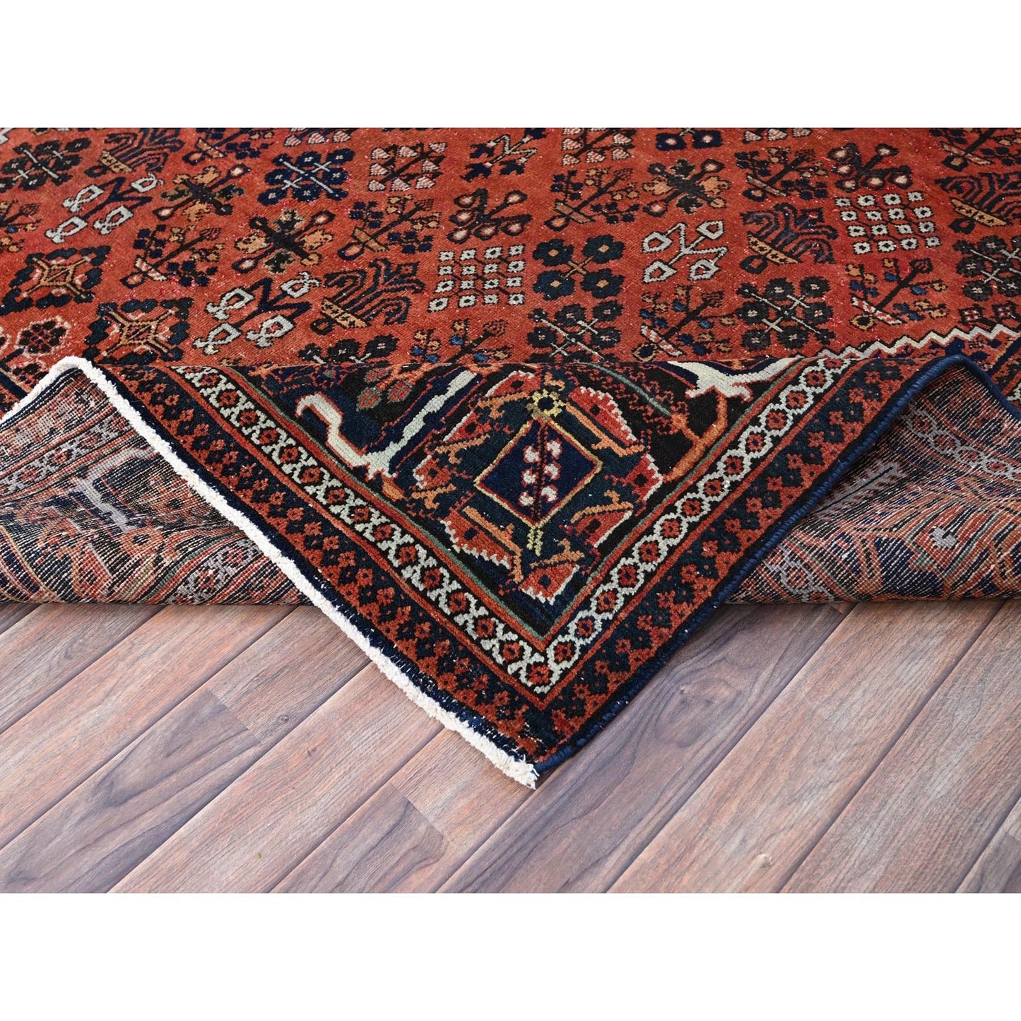 8'1"X11'3" Ochre Red Hand Knotted Vintage Pure Wool Joshagan Cleaned Rug