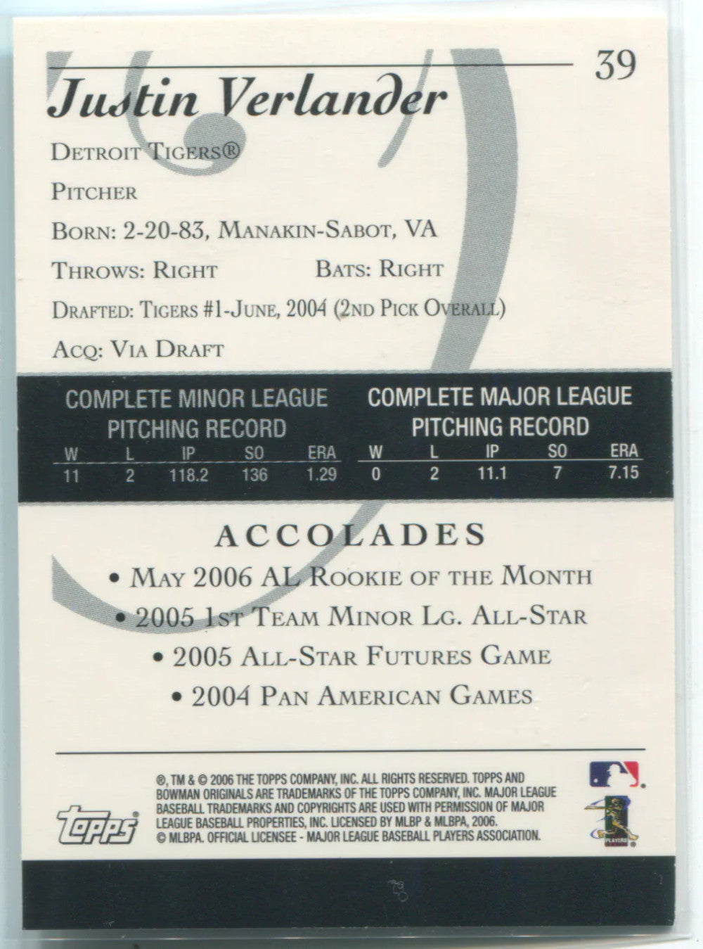 2006 Topps Bowman Rookie Card #39 Justin Verlander Card