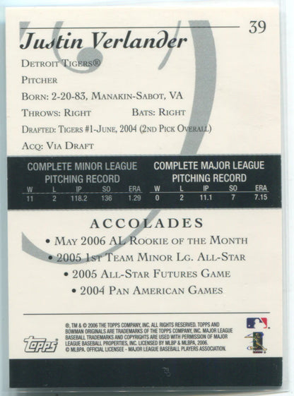 2006 Topps Bowman Rookie Card #39 Justin Verlander Card