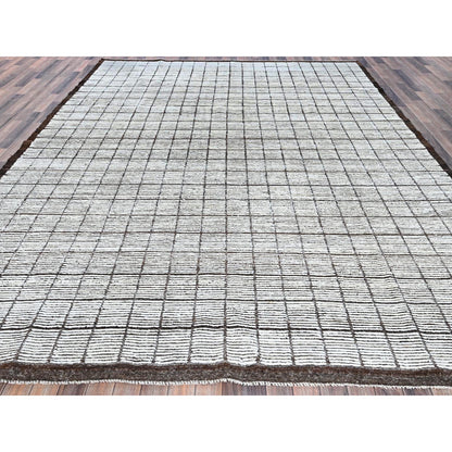 9'6"X11'8" White Moroccan Weave With Box Design 100% Wool Hand Knotted Rug