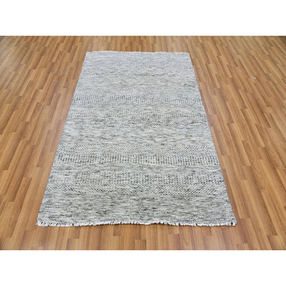 4'X6'4" Platinum Gray Grass Design Pure Undyed Wool Hand Knotted Rug