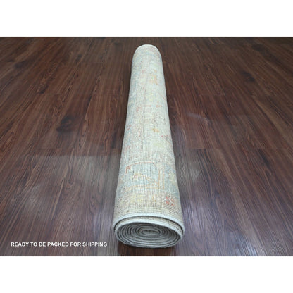 3'10"X12'3" White Angora Oushak Leaf Design Hand Knotted Wool Runner Rug