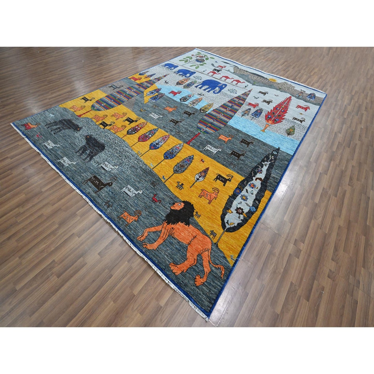 9'X12' Gray Pictorial With Tree And Animals Design Hand Knotted Wool Rug
