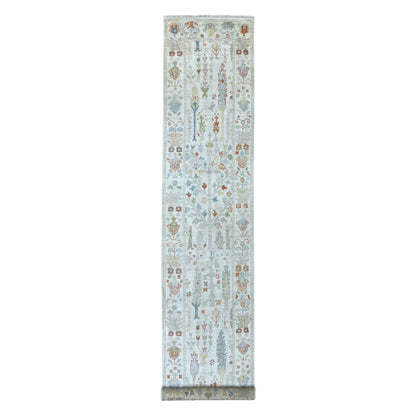 2'9"X15'6" Ivory Angora Oushak With Cypress Design Wool Hand Knotted Rug