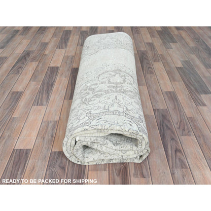 8'10"X12'4" Ivory Hand Knotted Vintage Farsian Tebraz Worn Wool Rug