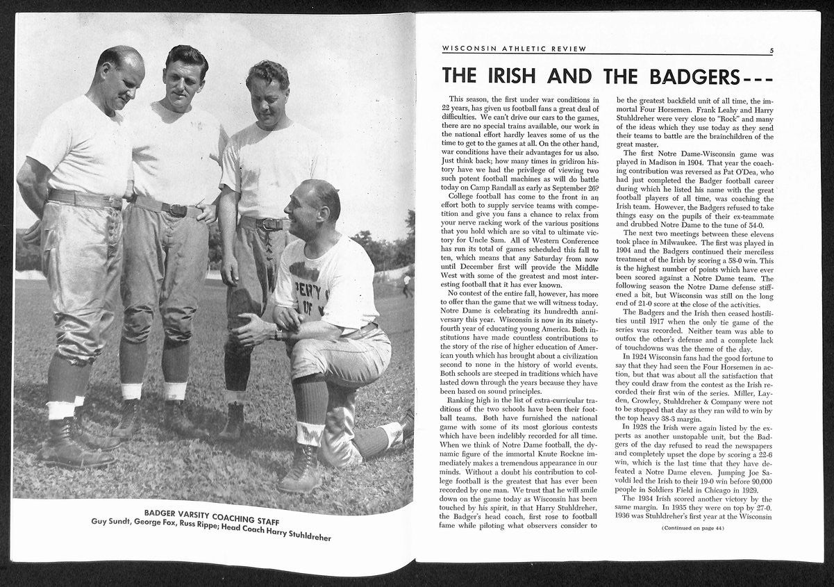 1942 Wisconsin Vs Notre Dame Vintage College Football Game Program 195823