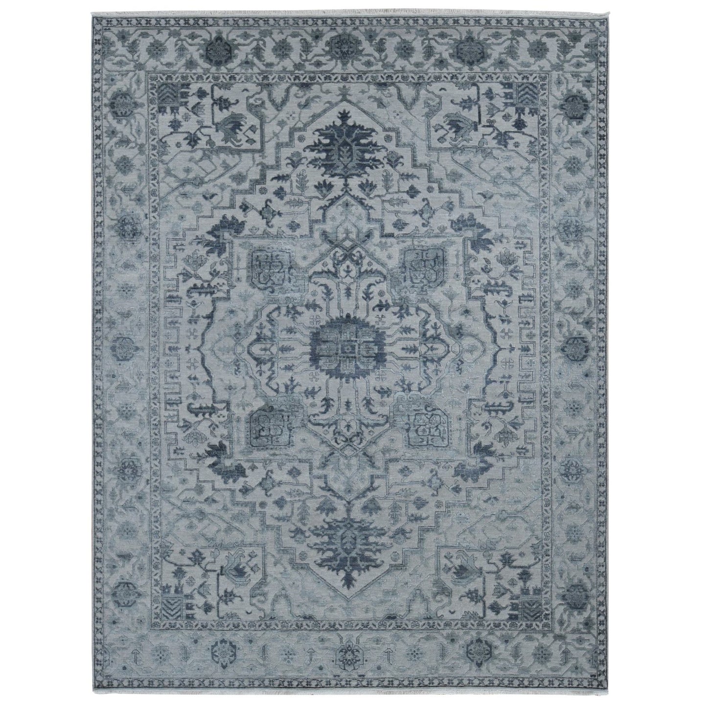 9'X12' Ash Grey Heriz Design Wool And Silk Hand Knotted Oriental Rug