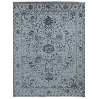 9'X12' Ash Grey Heriz Design Wool And Silk Hand Knotted Oriental Rug