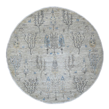 8'X8' Oyster Gray Peshawar Tree Design Hand Knotted 100% Wool Round Rug