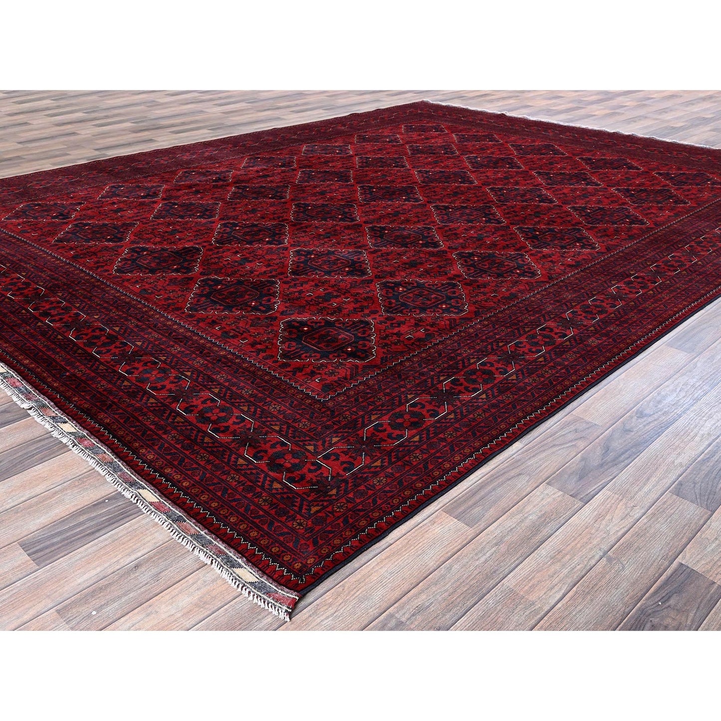 9'10"X12'8" Red Afghan Khamyab Geometric Design Hand Knotted Soft Wool Rug