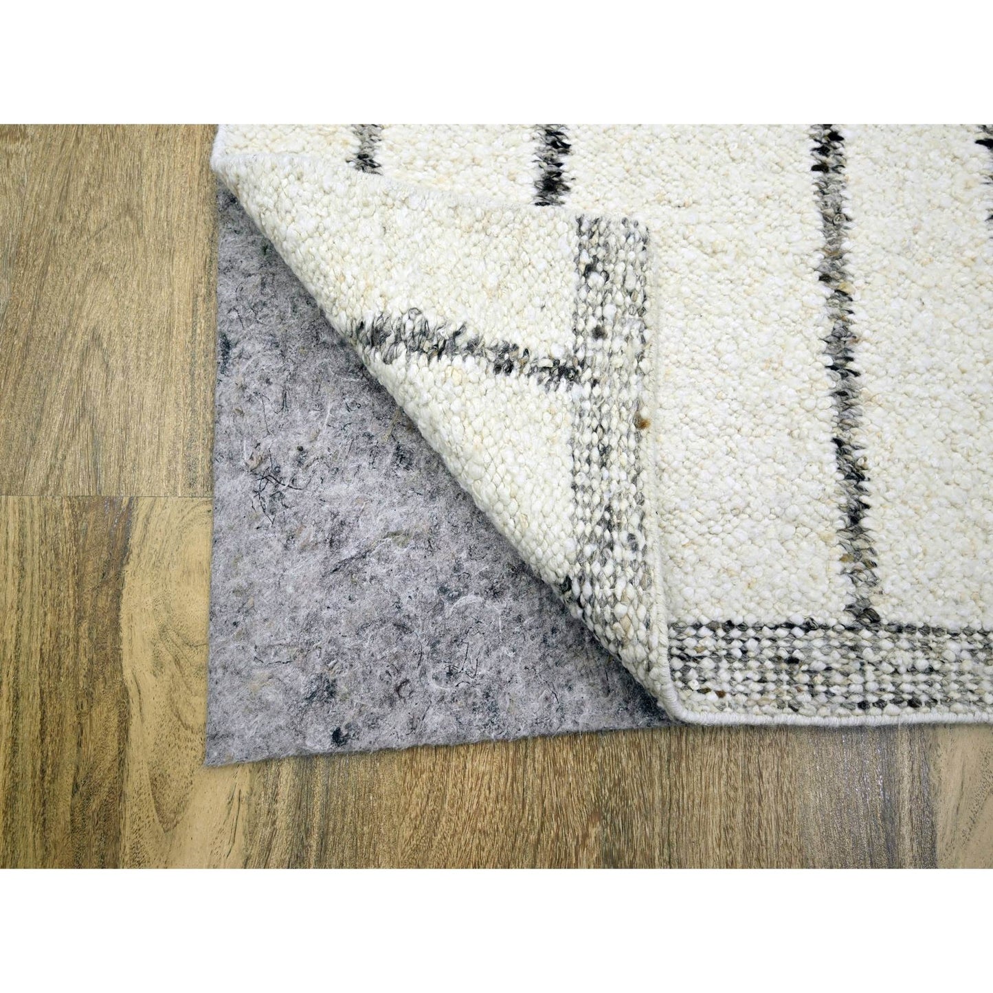 9'3"X12'1" White Moroccan Weave With Line Design Wool Hand Knotted Rug