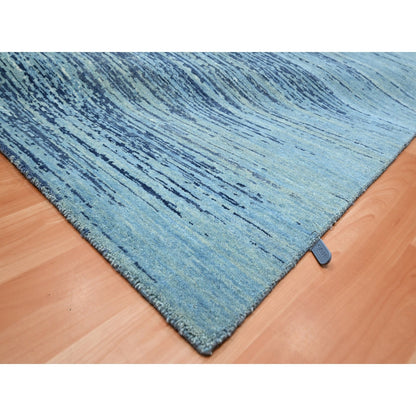 8'1"X10'4" Denim Blue Horizontal Ombre Design Pure Wool Hand Knotted Rug