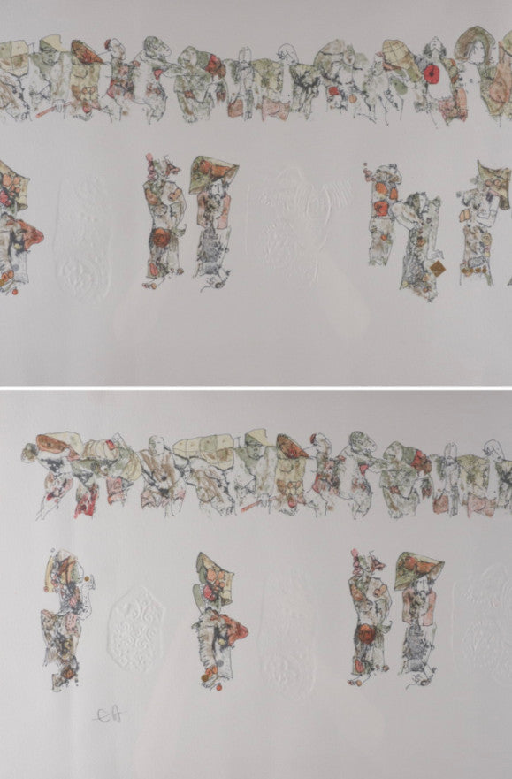 Ho Lebadang Procession Embossed Lithograph Ea Signed Dedication W/ Case 73Cm