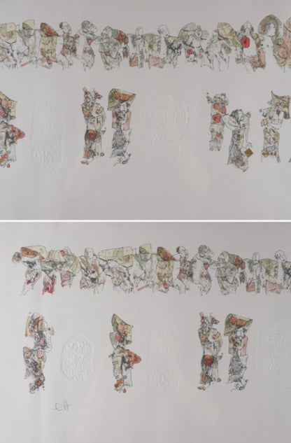 Ho Lebadang Procession Embossed Lithograph Ea Signed Dedication W/ Case 73Cm