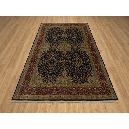 6'X9'1" Black Kishoon Revival New Zealand Wool Hand Knotted Oriental Rug