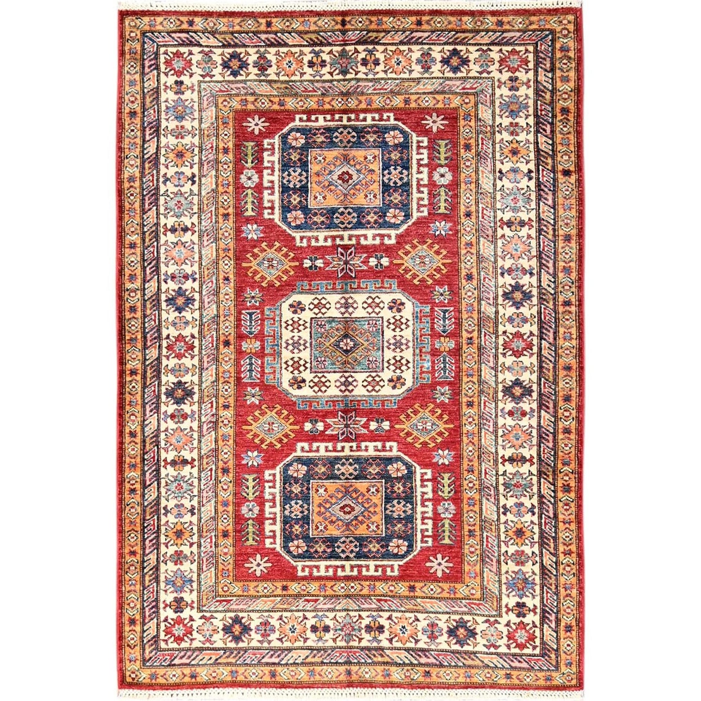4'2"X6'2" Berry Red Afghan Super Kazak Hand Knotted Pure Wool Oriental Rug