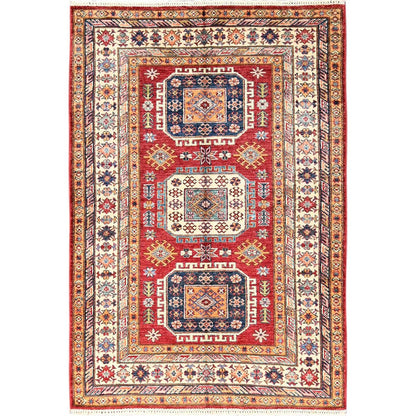4'2"X6'2" Berry Red Afghan Super Kazak Hand Knotted Pure Wool Oriental Rug