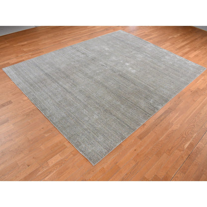 9'X12' Green Tone On Tone Leaf Design Silk With Wool Hand Knotted Rug
