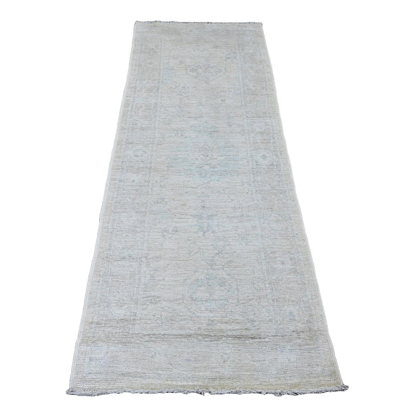2'9"X7'7" White Angora Oushak Leaf Design Hand Knotted Wool Runner Rug