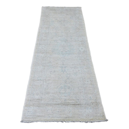 2'9"X7'7" White Angora Oushak Leaf Design Hand Knotted Wool Runner Rug