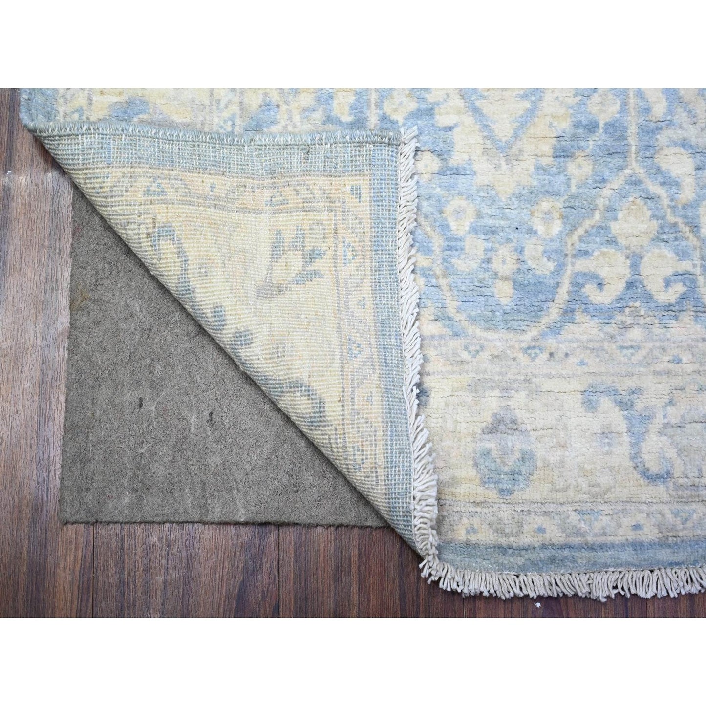 2'8"X10'4" Blue Hand Knotted Natural Wool White Wash Peshawar Runner Rug