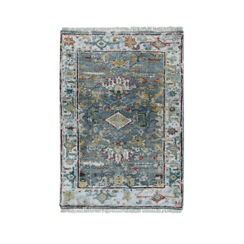 2'X3' Blue Wool Broken And Erased Zoroastrian Heris Hand Knotted Mat Rug