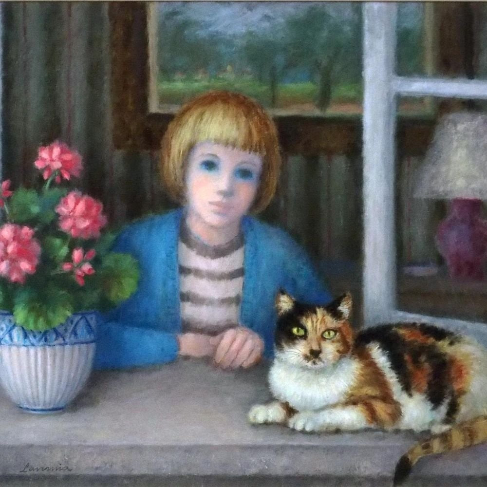 La Fenetre Girl Oil Painting Angelina Cat French Style Window